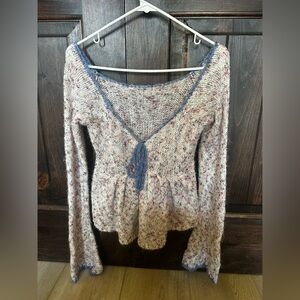 Tie Front Knit Women’s Cardigan Top Blue Boho Cottagecore Indie Sweater S/M